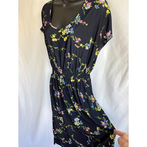 Young USA Navy Blue Floral Midi Open Back Dress Size M Shift Feminine Church - Picture 3 of 10